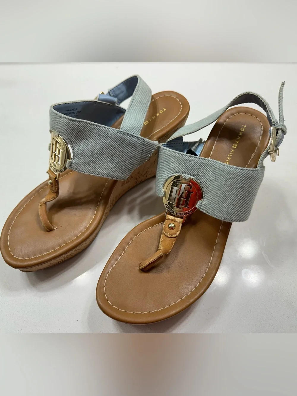 Marc Fisher Light Blue Fabric Cork Wedge Sandals